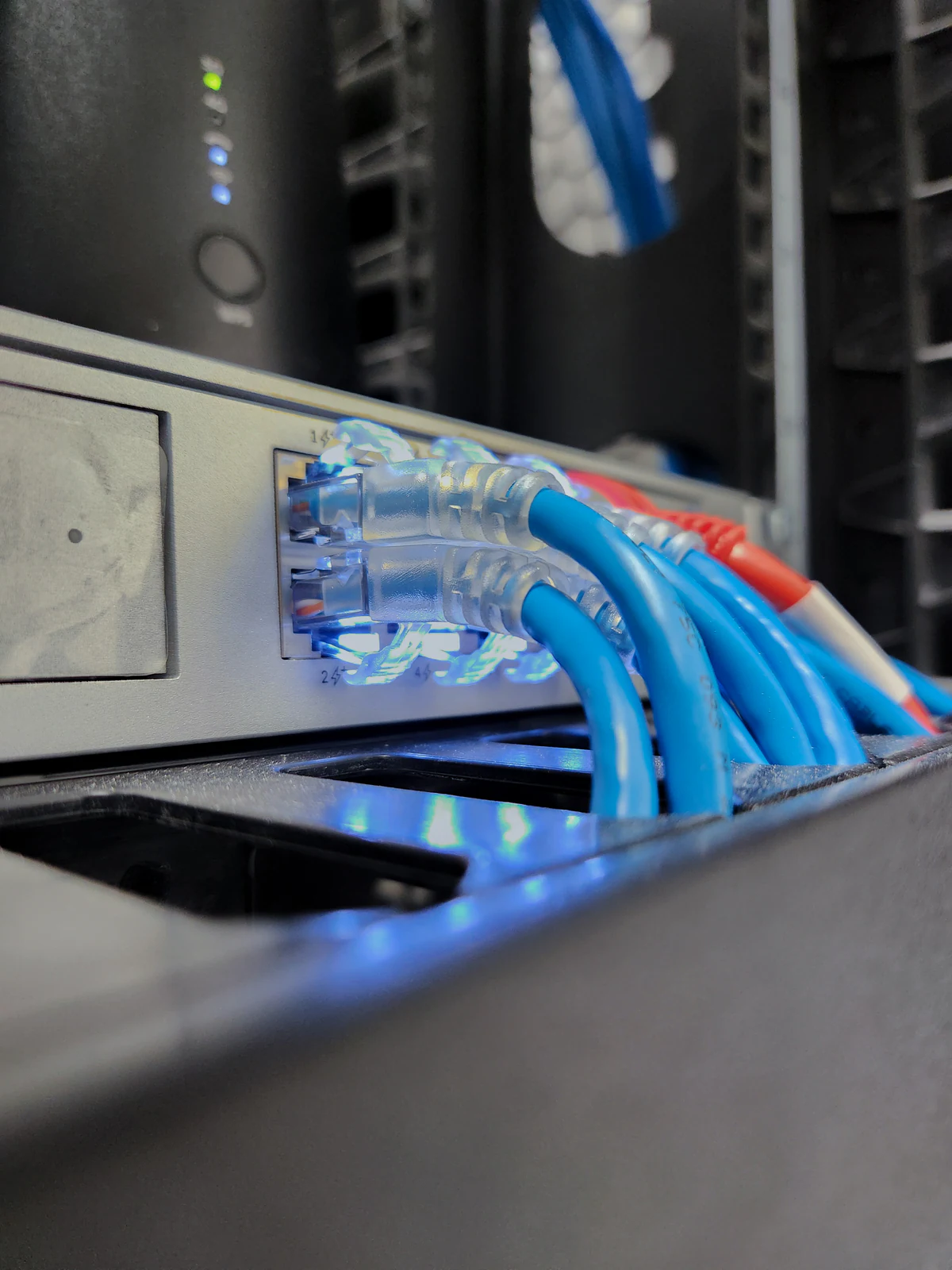 Cabos de rede conectados a portas Ethernet em um rack.